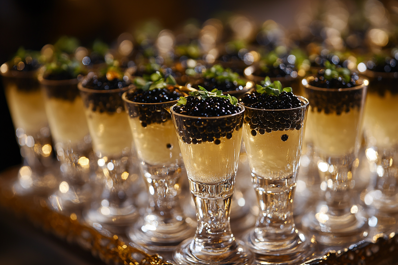 Caviar and Champagne Gelée Shots with Edible Gold