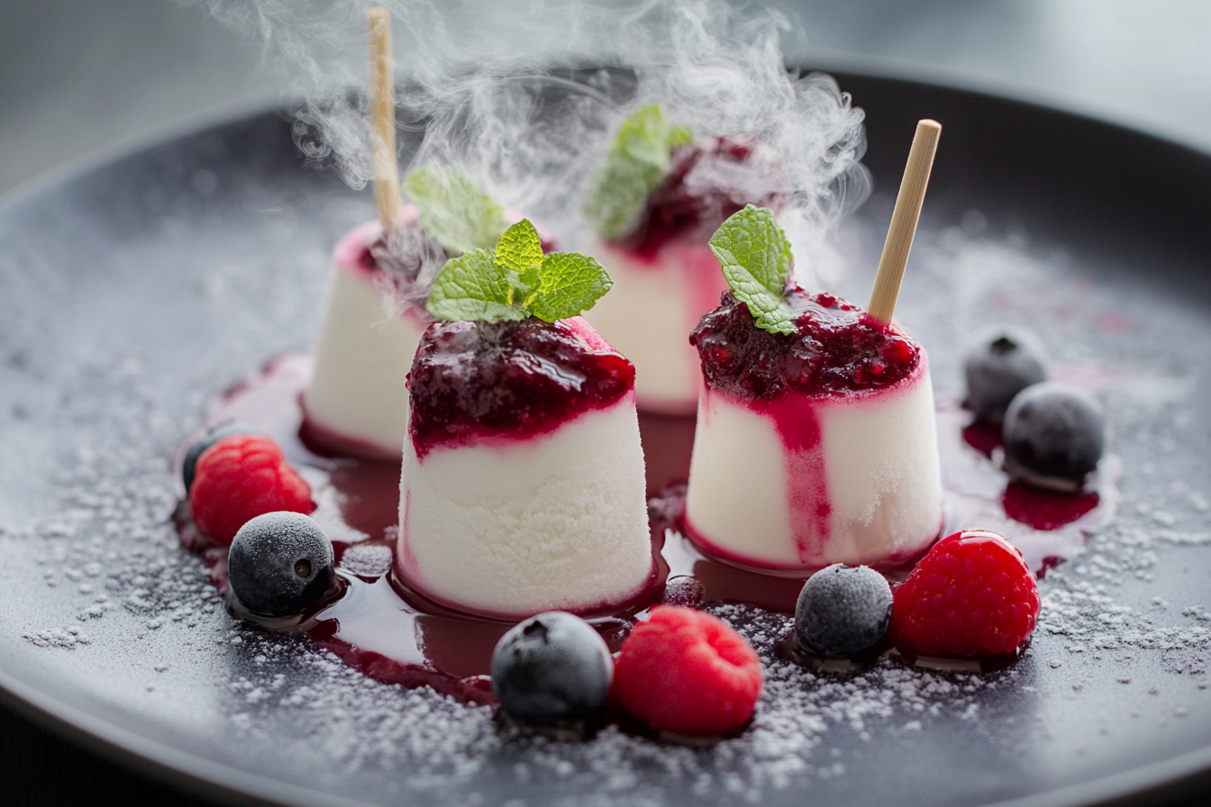 Liquid Nitrogen Yogurt Pops with Berry Coulis