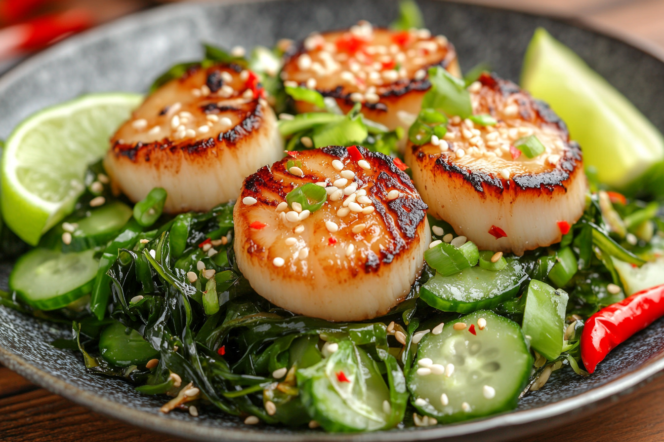 Sake-Marinated Scallops on Seaweed Salad