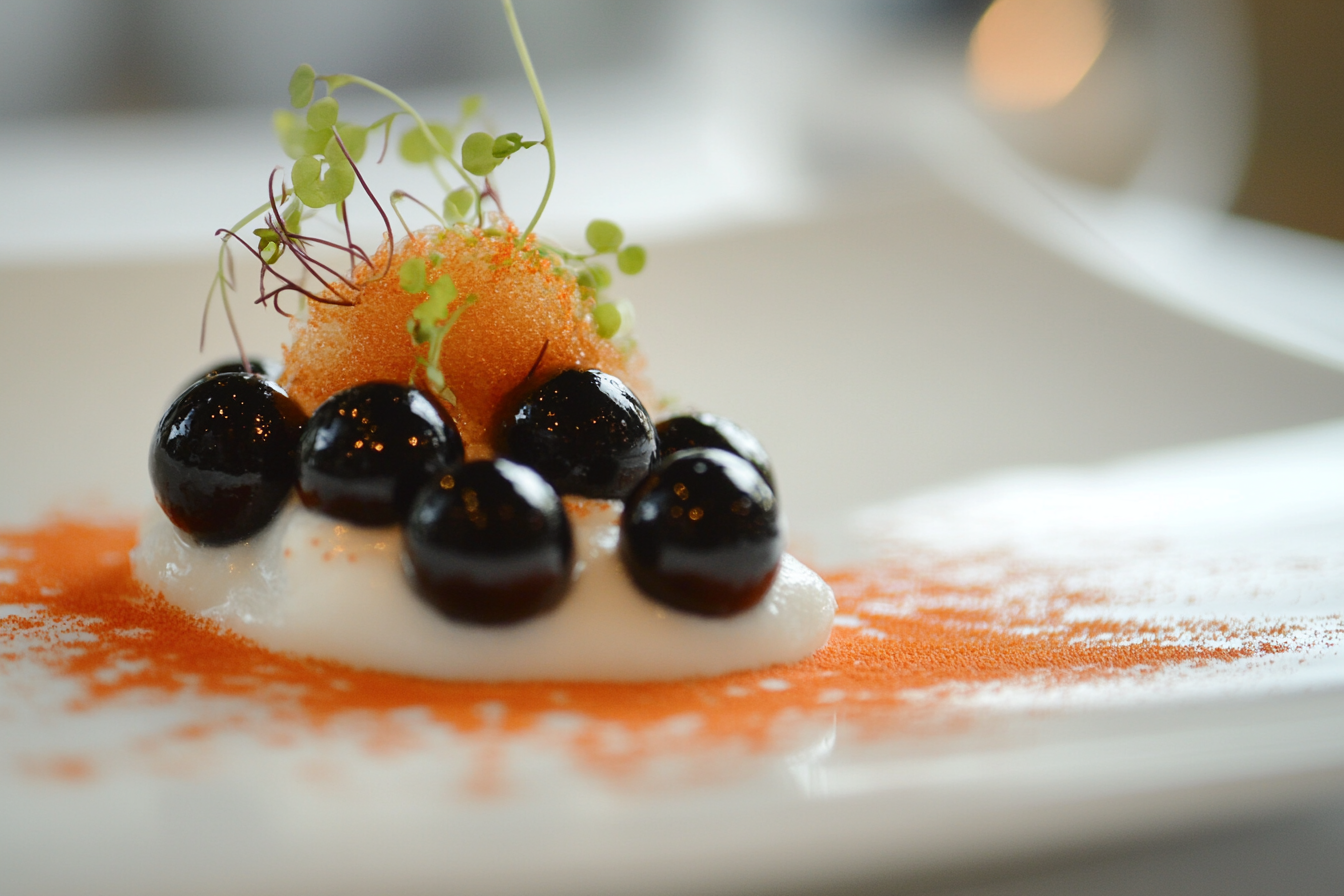 Spherified Olive Caviar with Smoked Paprika Foam