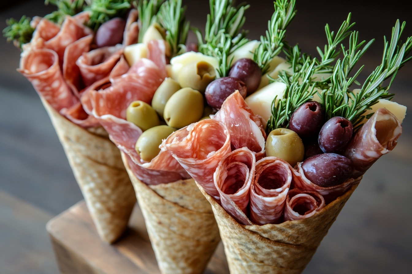 Charcuterie Cones with Cured Meats and Cheese