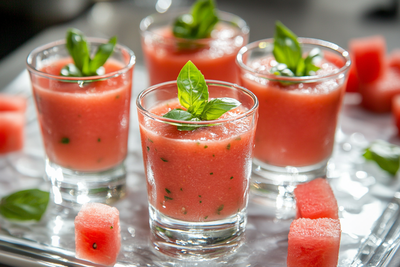 Chilled Watermelon Gazpacho with Basil Garnish