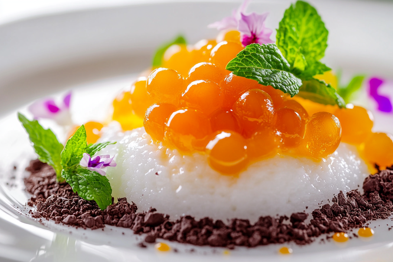 Chocolate Soil with Mango Caviar and Coconut Foam