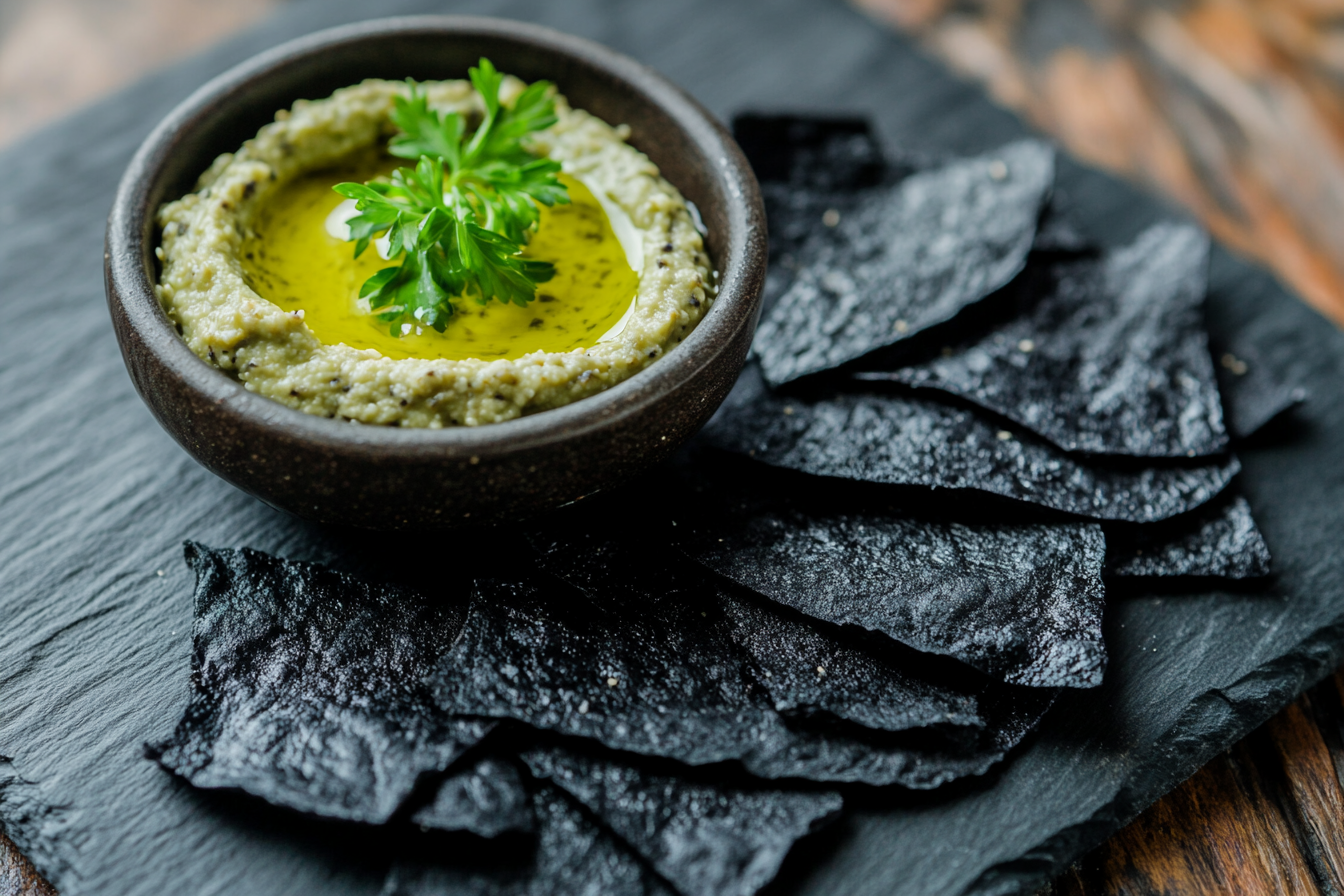 Edible Charcoal Crisps with Smoked Eggplant Dip