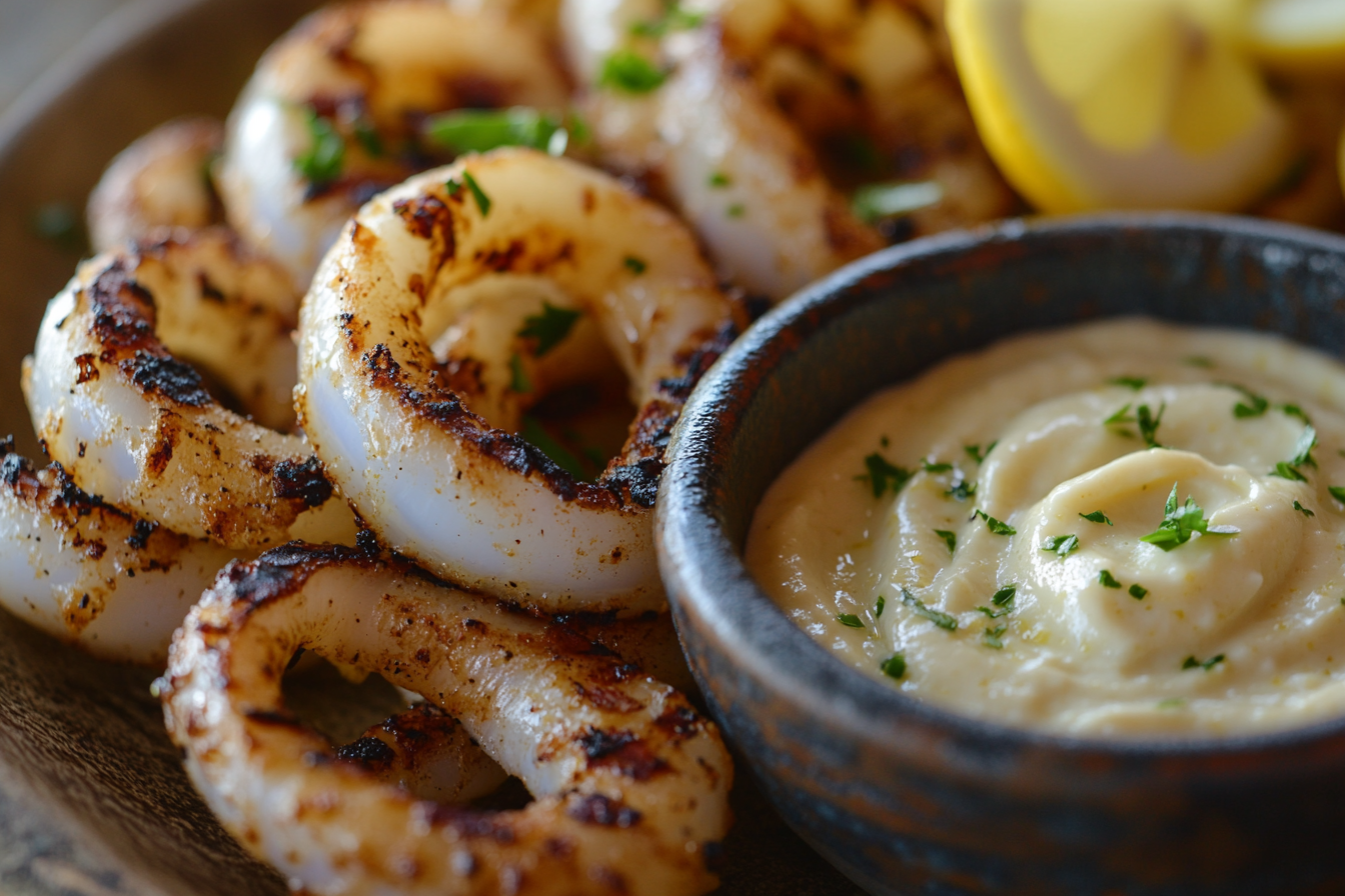 Grilled Squid with Lemon Aioli Dips