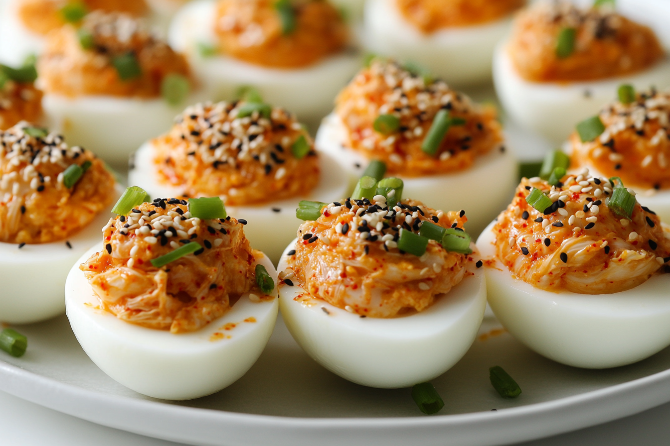 Kimchi Deviled Eggs with Sesame Oil Drizzle