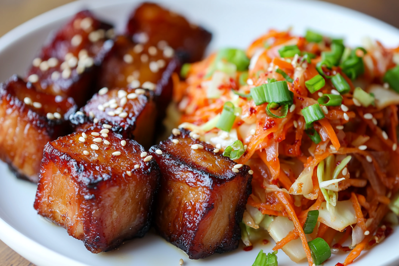 Korean BBQ Pork Belly Bites with Kimchi Slaw