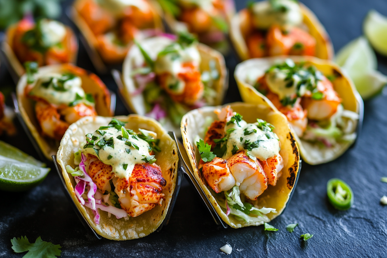 Mini Lobster Tacos with Garlic Butter and Chive Cream