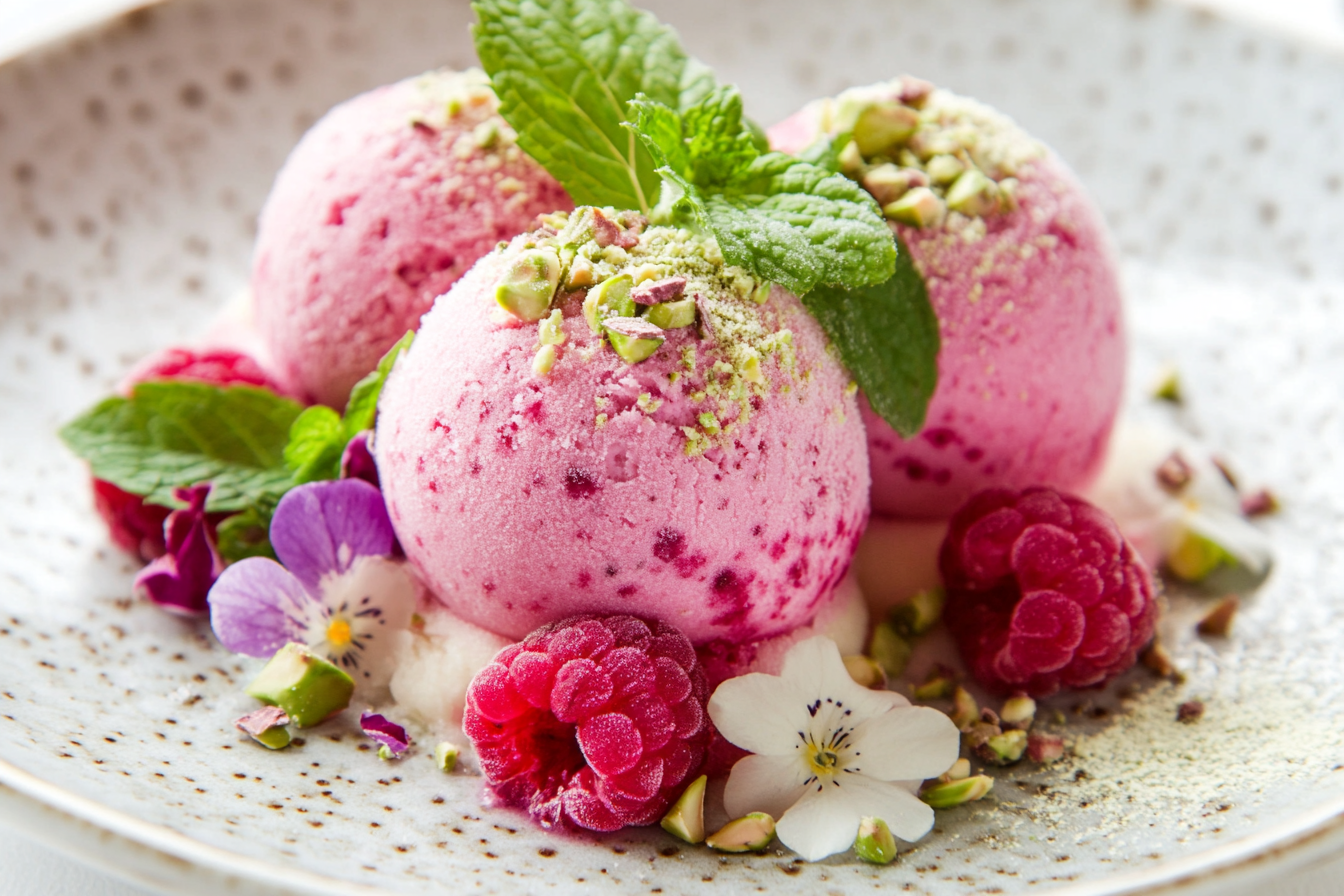 Nitro-Frozen Raspberry Mousse with Pistachio Dust