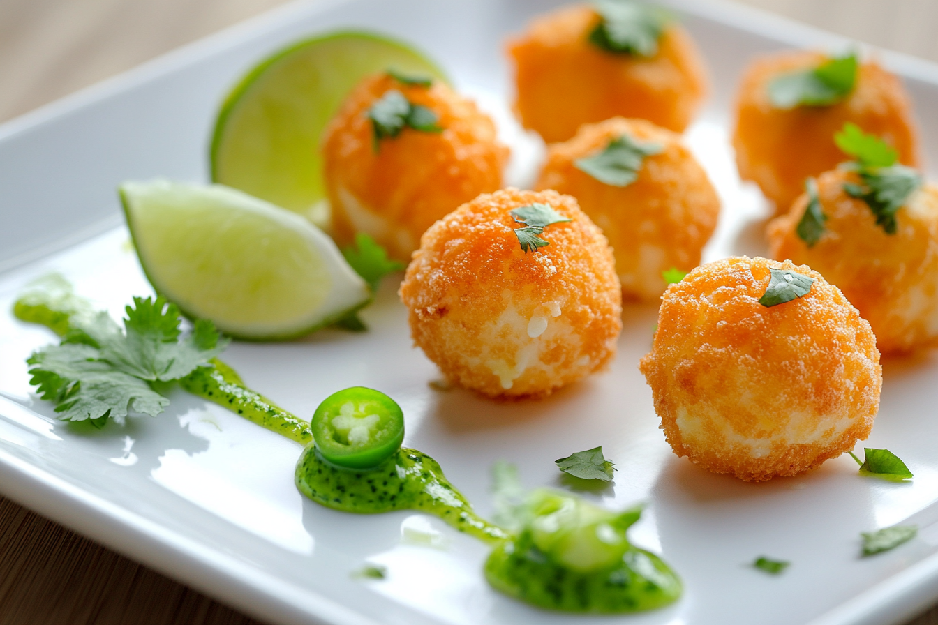 Nitro-Puffed Cheddar Balls with Jalapeño Gel