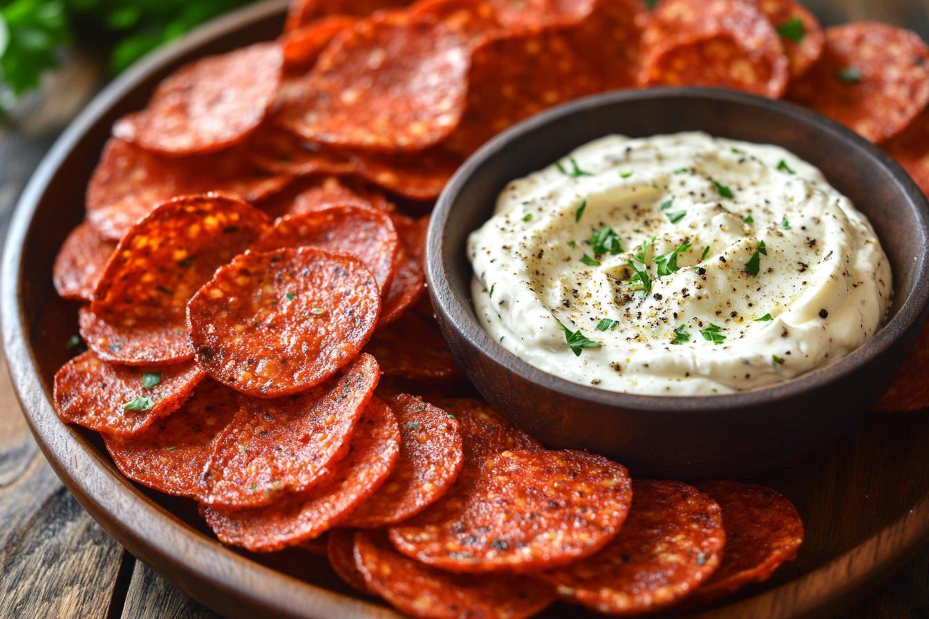 Pepperoni Chips with Parmesan Dip: A Crispy and Savory Snack