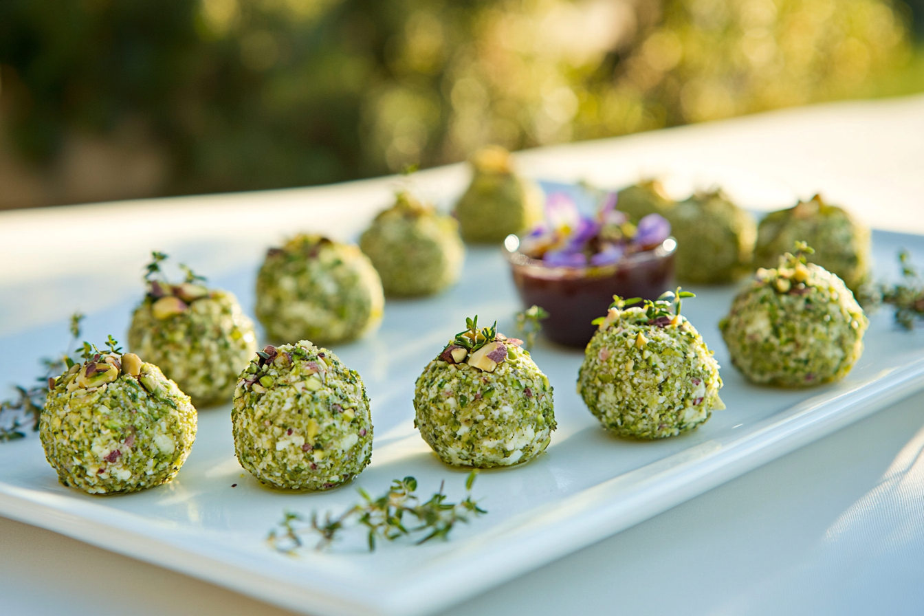 Pistachio-Crusted Goat Cheese Bonbons with Fig Jam