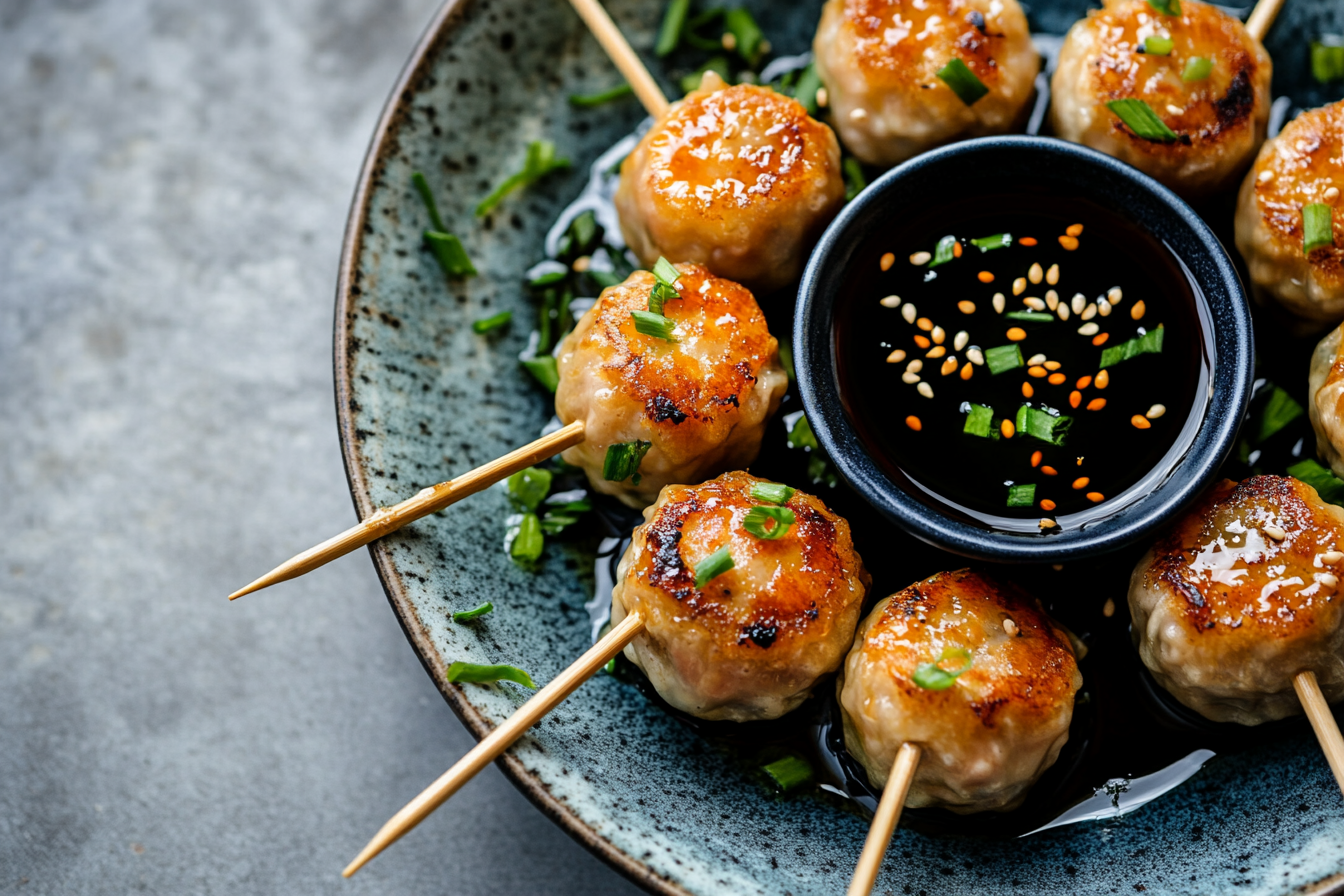 Pork and Shrimp Dumpling Pops with Black Vinegar Dipping Sauce