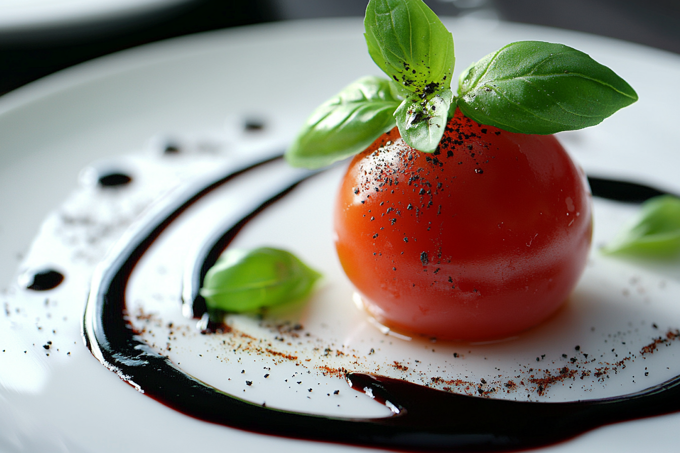 Spherified Tomato Basil Salad with Olive Powder