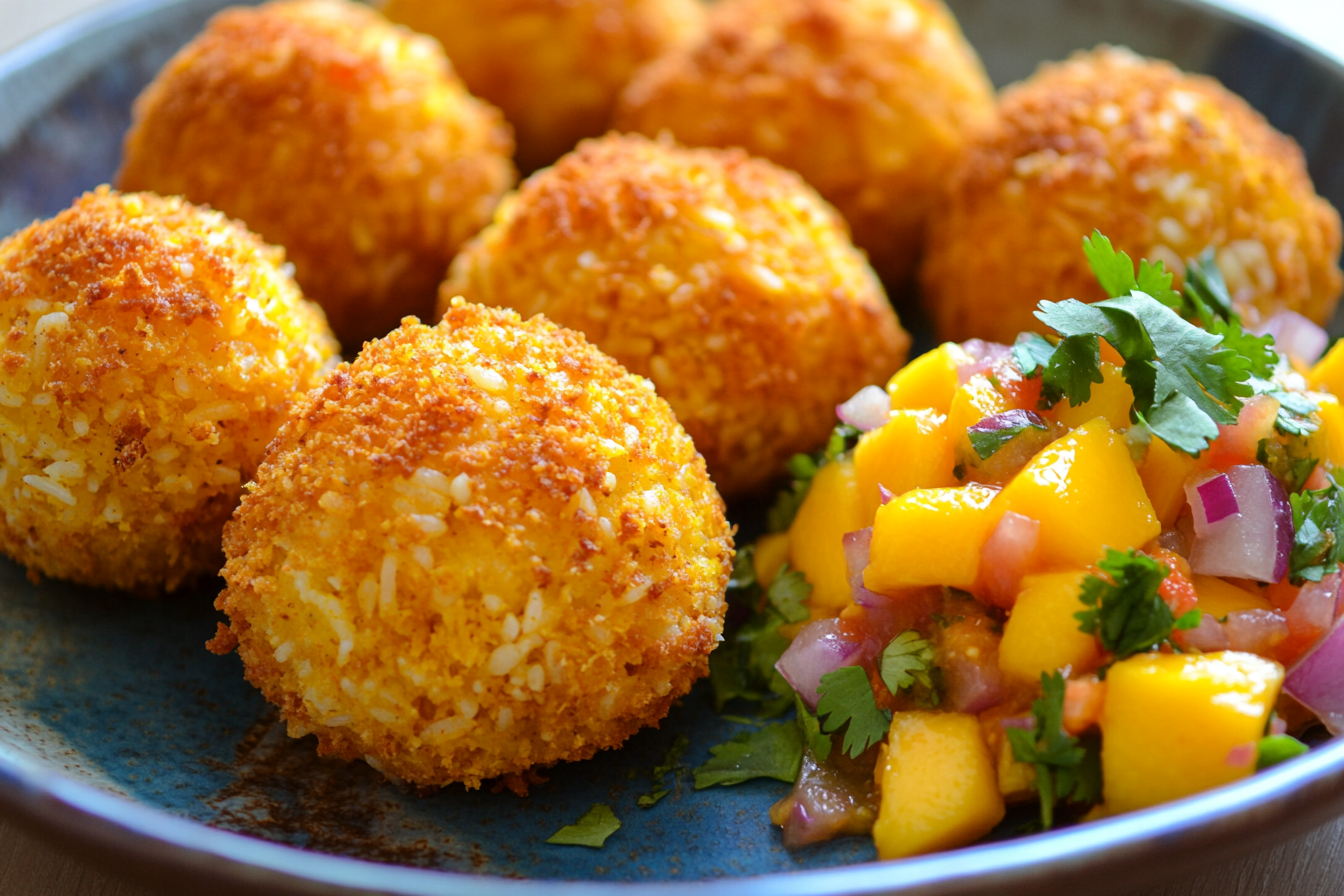 Turmeric and Coconut Rice Balls with Mango Salsa