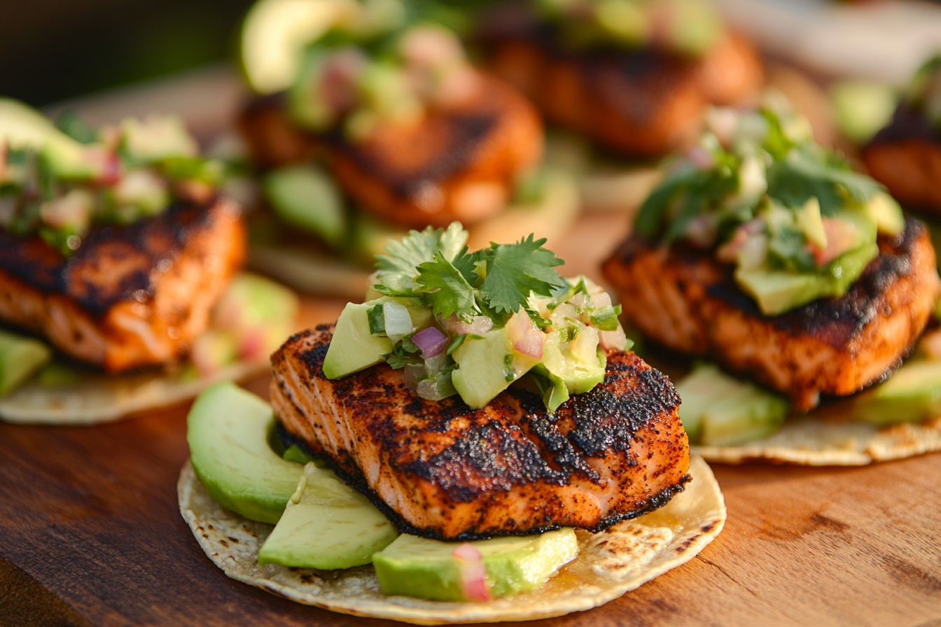 Blackened Salmon Mini Tacos with Lime Slaw