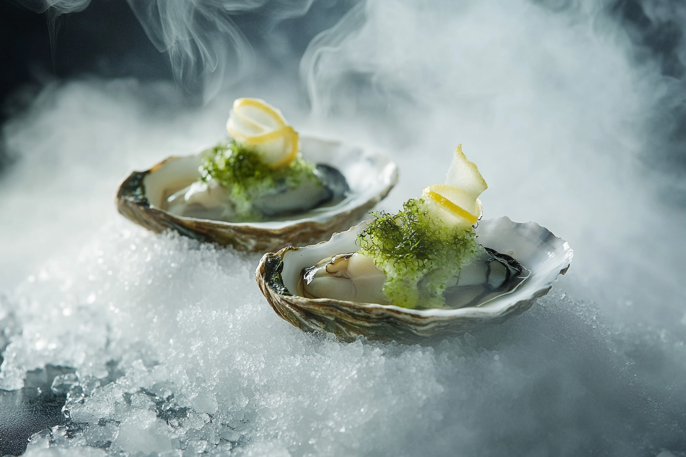 Charcoal Smoked Oysters with Seaweed Powder and Lemon Air