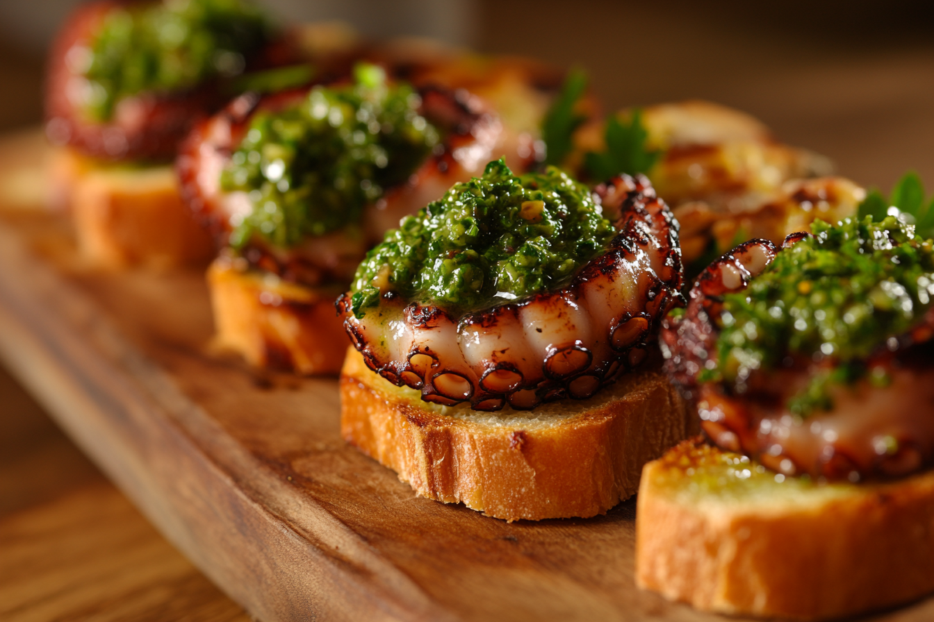 Grilled Octopus with Chimichurri on Crostini