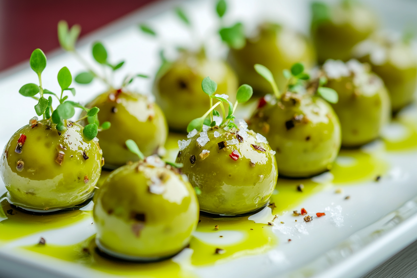 Liquid Olive Spheres with Microgreens and Sea Salt