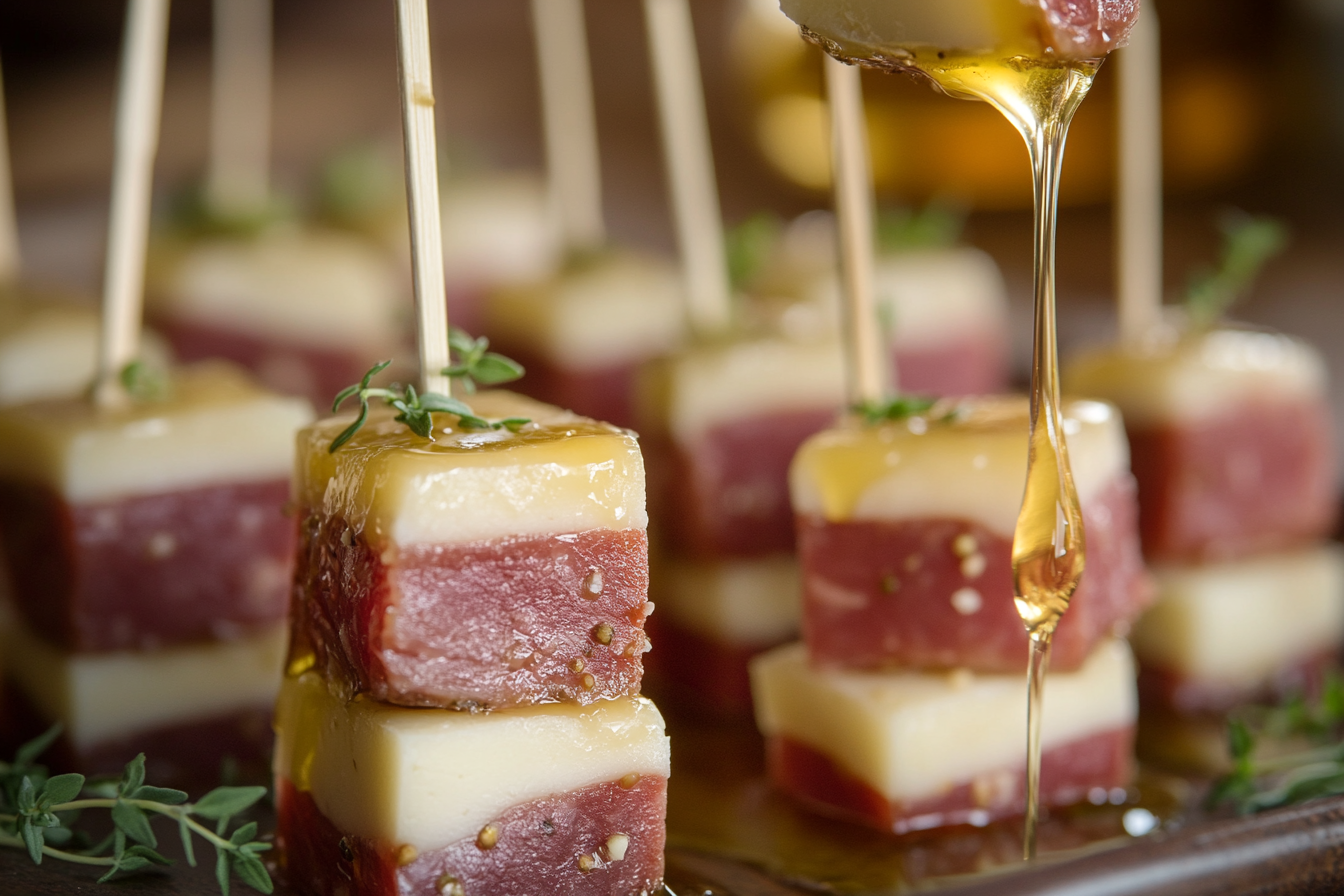 Lomo and Manchego Bites with Honey Drizzle