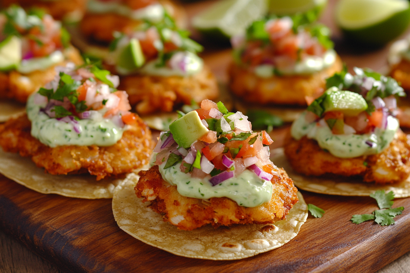 Mini Baja Fish Tacos with Cilantro-Lime Crema