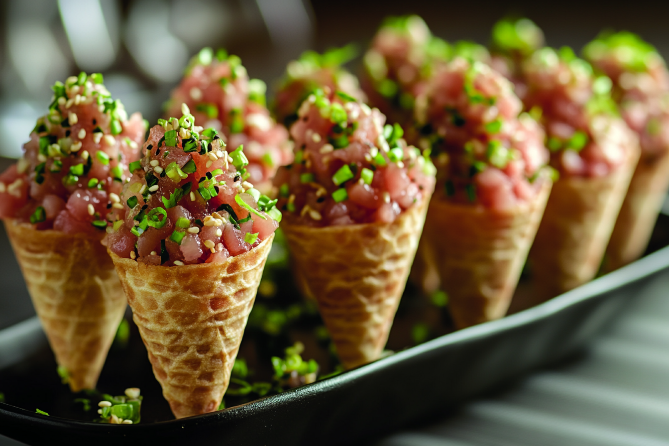 Mini Tuna Tartare Cones with Soy Ginger Dressing