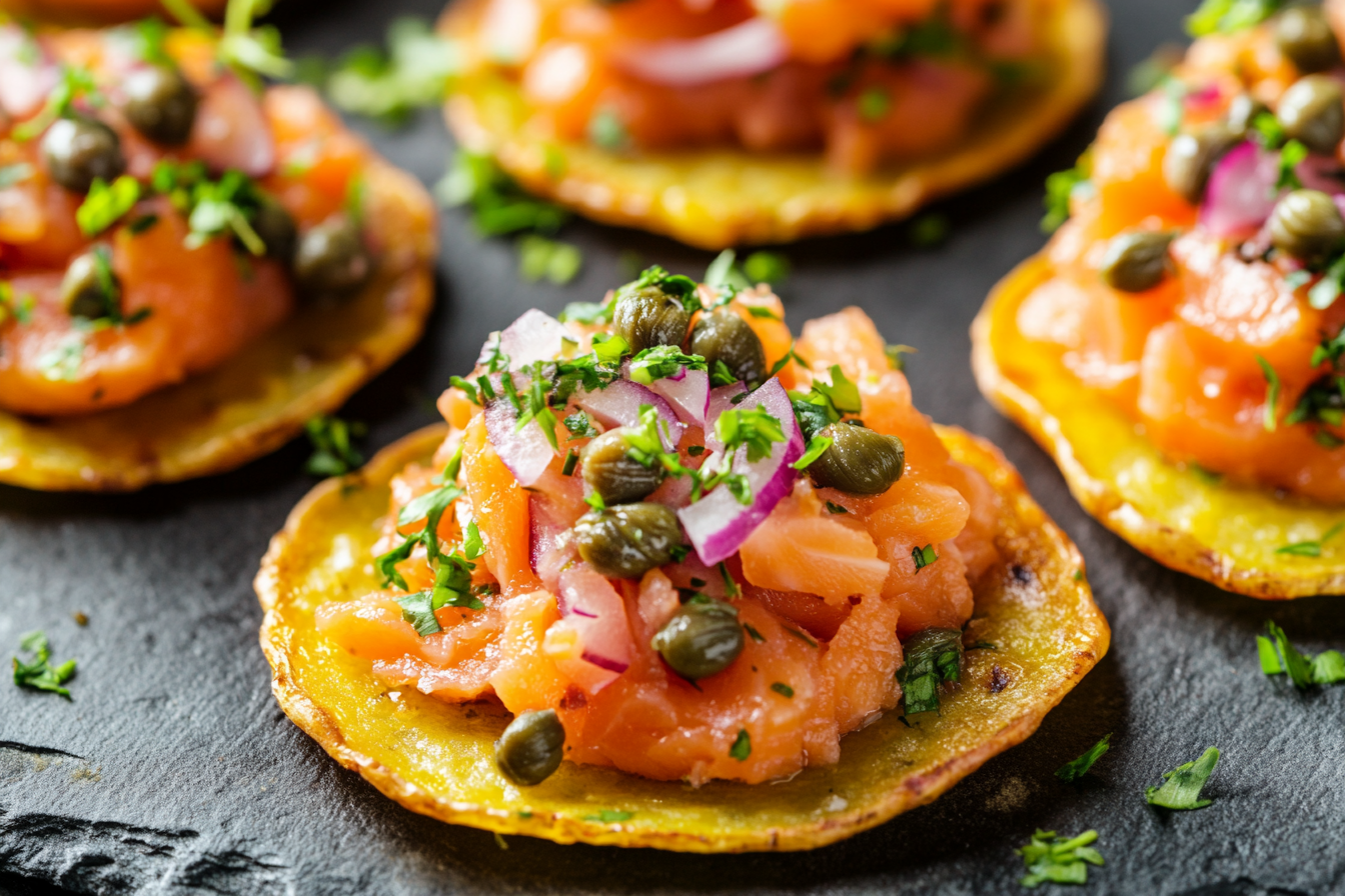 Salmon Tartare with Capers on Potato Crisps