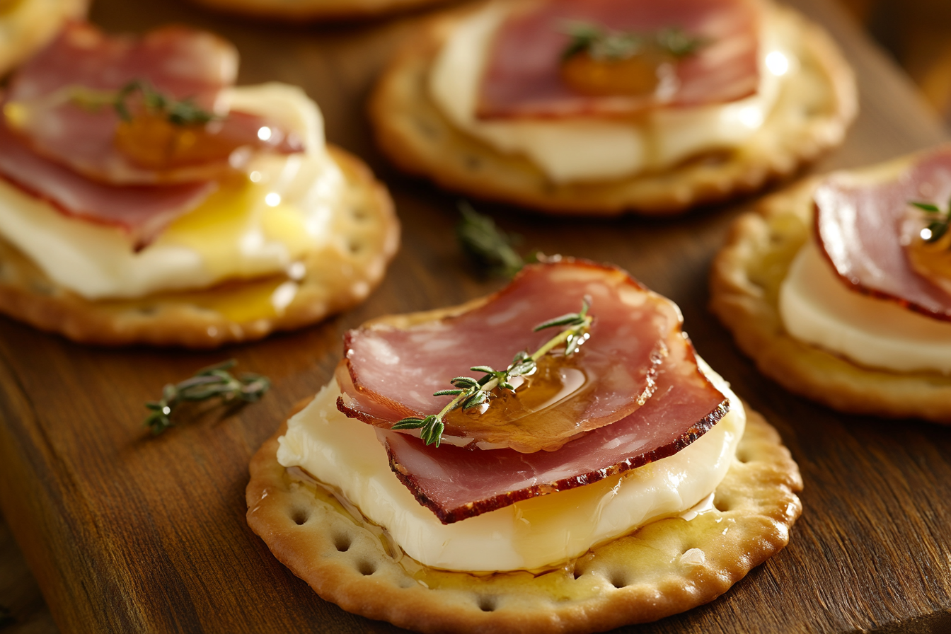 Speck and Brie on Toasted Crackers