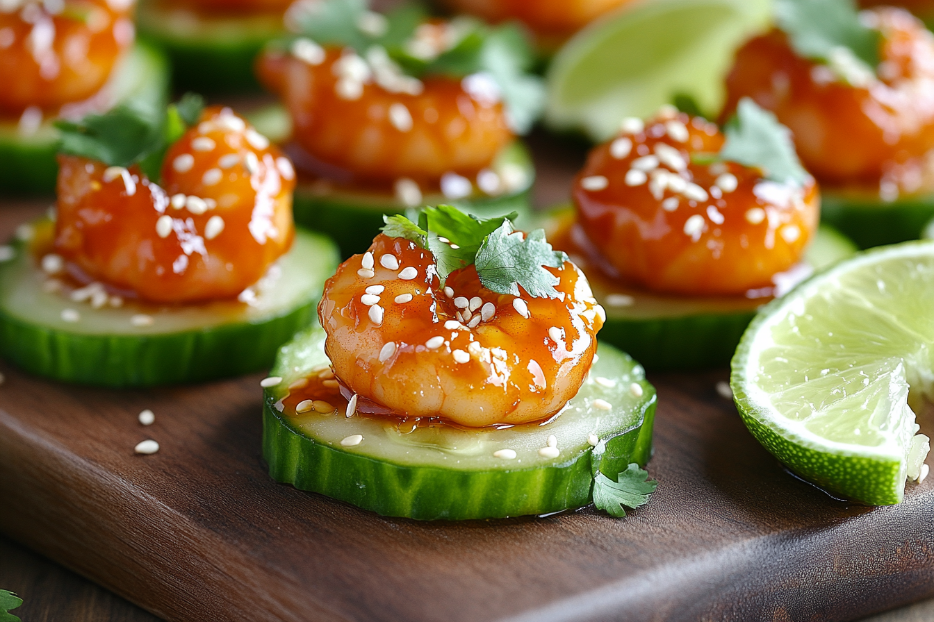 Sriracha Honey Shrimp Bites on Cucumber