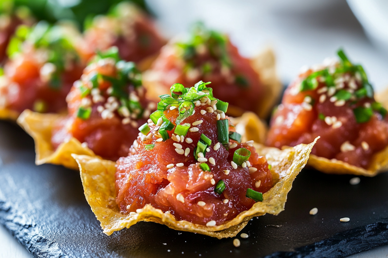 Spicy Tuna Tartare on Wonton Crisps